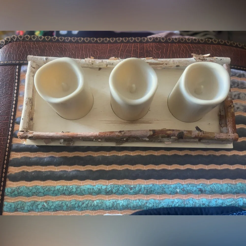 RUSTIC Cabin Wooden 3 Wick-less Battery Operated Candle Holder Decor Warm Yellow